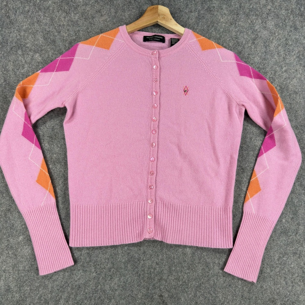 Valerie Stevens Cardigan Sweater Womens Small Pink Cashmere Argyle Hong Kong